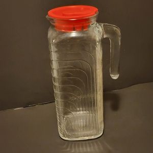 Vintage Covetro Ribbed Glass Pitcher Carafe Red Lid Heavy Retro Made In Italy 9"